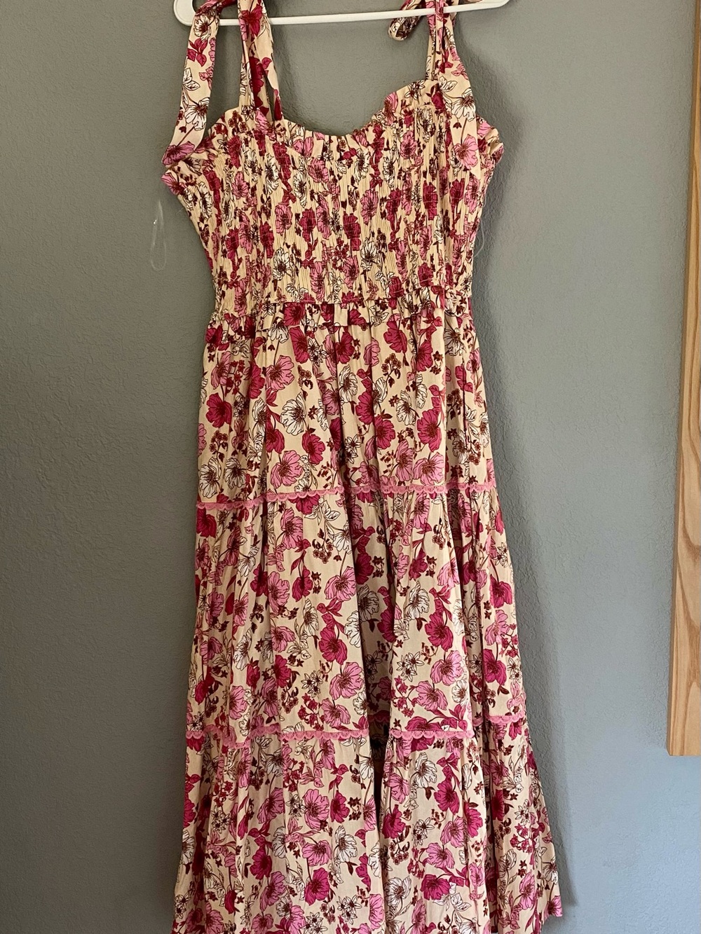 Cream and Pink Floral Maxi Sundress with Tie Straps